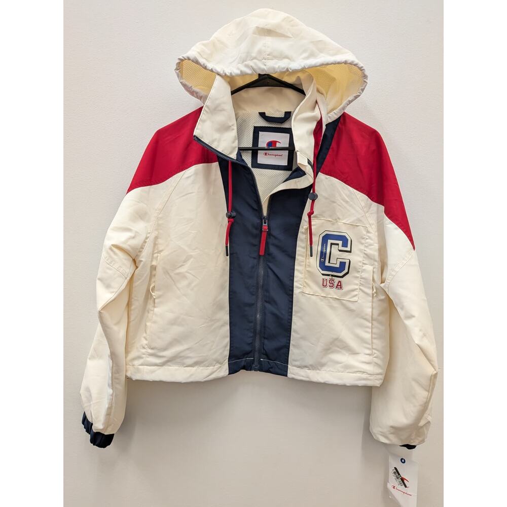 Champion Women’s Hooded Windbreaker Jacket XS Red White Blue Full Zip